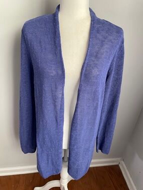 Eileen Fisher Open-Front Lavender-Blue Organic Linen Blend Knit Cardigan Medium